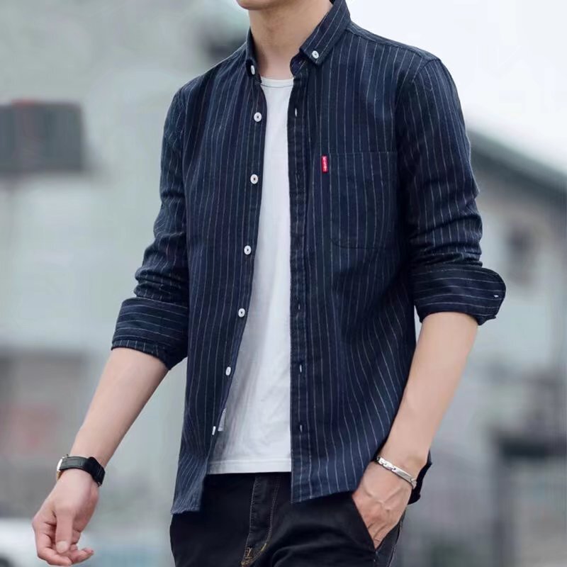 Hong Kong Style Striped Shirt Men's Long-Sleeved Slim-Fit Korean Style Casual Japanese Style Super Hot Ins Shirt Fashionable Handsome Jacket
