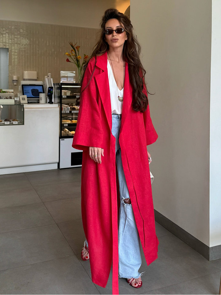 Đầm dài nữ chất liệu cotton lanh, cổ chữ V ve áo, tay dài, dáng rộng thắt dây — Xanh trái cây, Đỏ tươi chi tiết 29