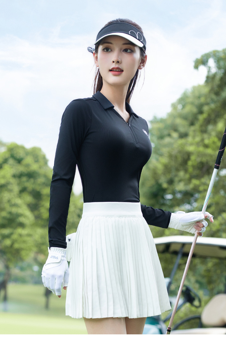 Áo thun golf nữ dài tay ôm sát vải co giãn cao — Tay áo dài màu đen [kết cấu dọc/vải co giãn cao/vừa vặn] YF842 chi tiết 11
