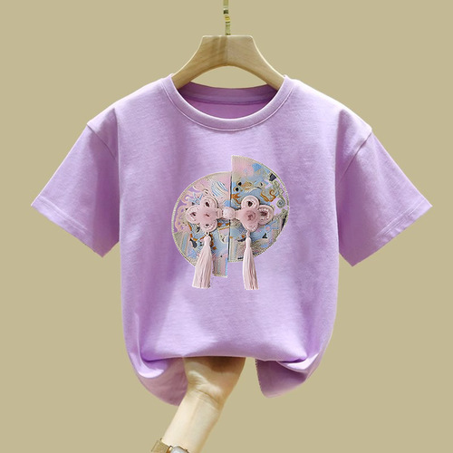 2395 Girls Summer Short Sleeve T-Shirt for Older Children, National Style and Trendy, Versatile Half Sleeve Children's Top, Sweet for Kids