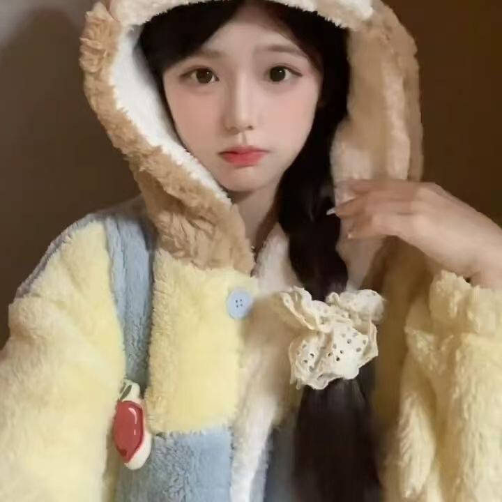 超萌背带熊珊瑚绒睡衣女秋冬季保暖连帽开衫睡袍可爱美少女家居服|undefined