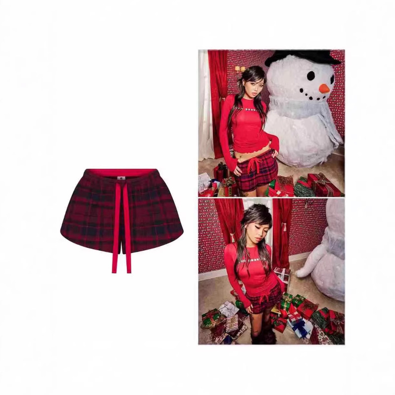 Skim* Christmas Limited Edition Red Plaid Drawstring Elastic Waist Shorts for Women, American Style Loose Casual Hot Pants