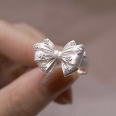 小众设计立体蝴蝶结奶蓝色花朵戒指2025新款小众设计感百搭指环戒