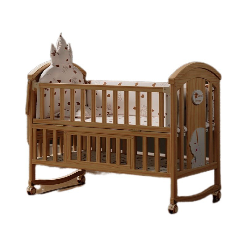 Baby Crib Made of Solid Wood Without Paint, Baby Bb Cradle Bed, Multifunctional Children's Bed, Movable Children's Splicing Bed【】