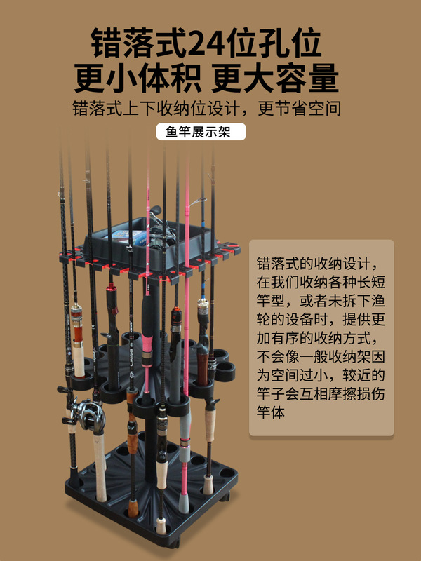 kawa落地式渔竿架展示架路亚鱼收纳架台钓架24孔带滑轮置物架|undefined