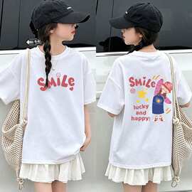 女童短袖t恤新款中大童夏季女孩粉色卡通印花纯棉宽松上衣