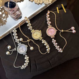 跨境热卖小珍珠镶钻抽拉式女士精致石英表时尚小众甜美女表腕表