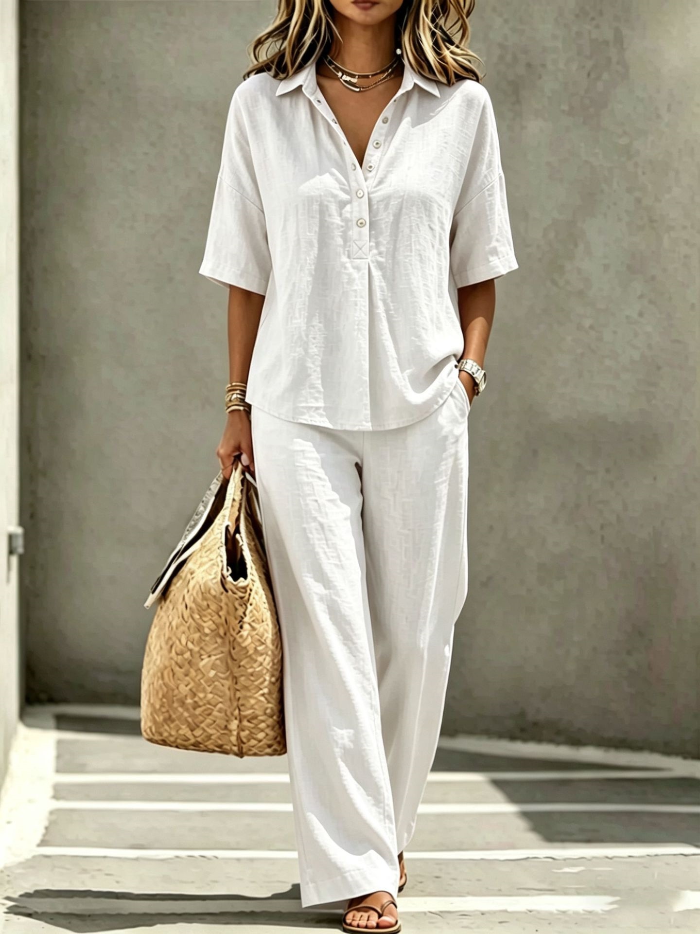 Women's Clothing Casual Loose Polo Collar Top Wide Leg Pants Two Piece Set_ecoleips.com