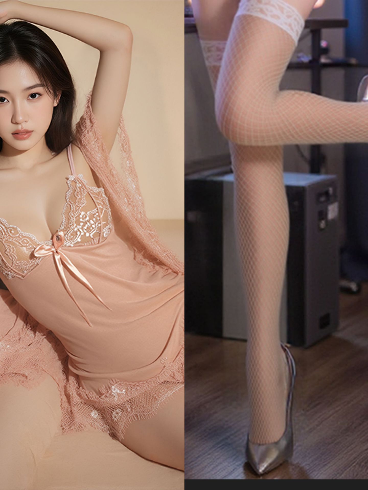 스킨 핑크 + 화이트 망사 스타킹
