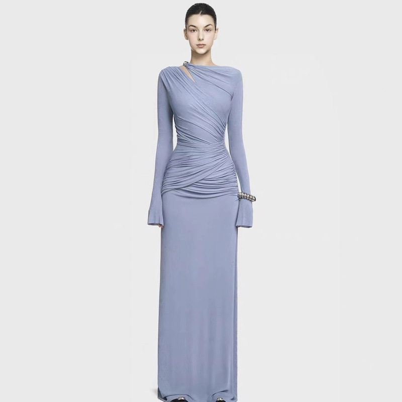 2025 Autumn Vietnam Same Style Elastic Pleated Metal Button Dress Long Skirt Irregular Long Sleeve Waist Slimming Dress 2025 Autumn Vietnam Same Style Elastic Pleated Metal Button Dress Long Skirt Irregular Long Sleeve Waist Slimming Dress