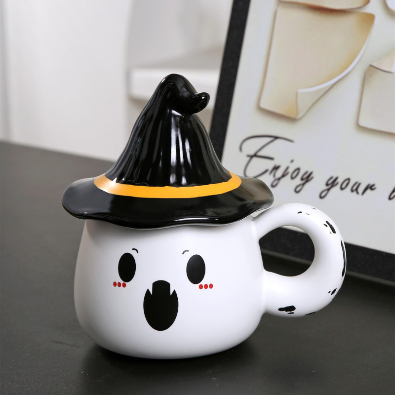 ハロウィーンクリエイティブセラミックカップ造形マグカップ蓋付き幽霊カップコーヒーカップ学生朝食ミルクカップ|undefined