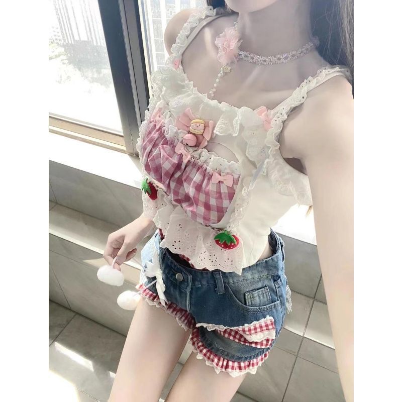 小众可爱少女设计感小清新蕾丝拼接蝴蝶结吊带上衣牛仔短裤两件套|undefined