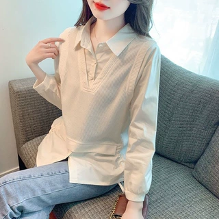 假两件衬衫女装2026年新款春秋款POLO领抽绳长袖雪纺洋气减龄上衣