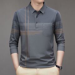 春の男性のtシャツ長袖の中年のお父さんはポケットのpoloの襟が入っています。