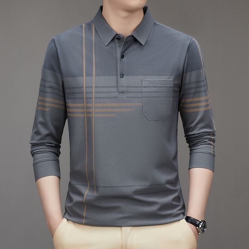 Men's Spring and Autumn Cotton Classic Long Sleeve Polo Shirt Dad's Real Pocket T-Shirt Top Loose Version