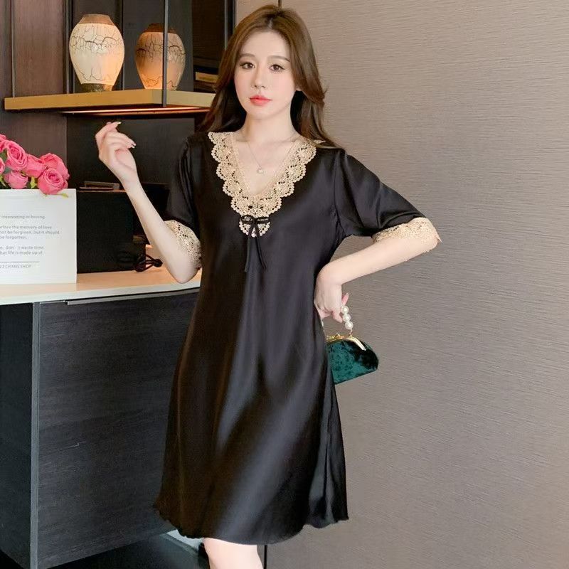 2025 New Summer Nightgown Ice Silk Pajamas Thin Sexy Sweet Short-Sleeved Dress Home Wear Pajamas Summer
