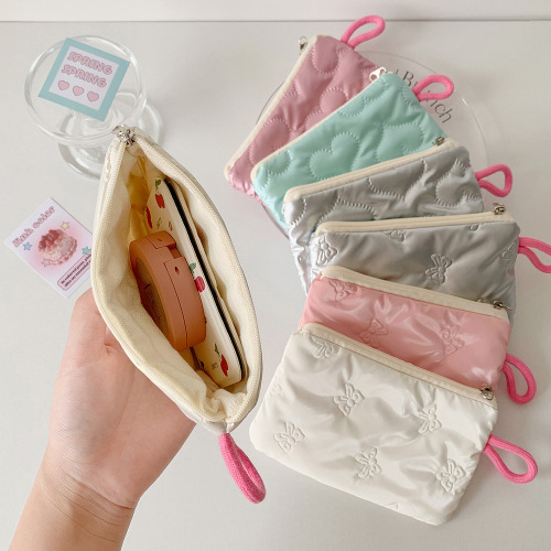 Minimalist pressed flower storage bag, solid-color bow portable storage bag, student storage and classification bag, earphone bag, hygiene bag