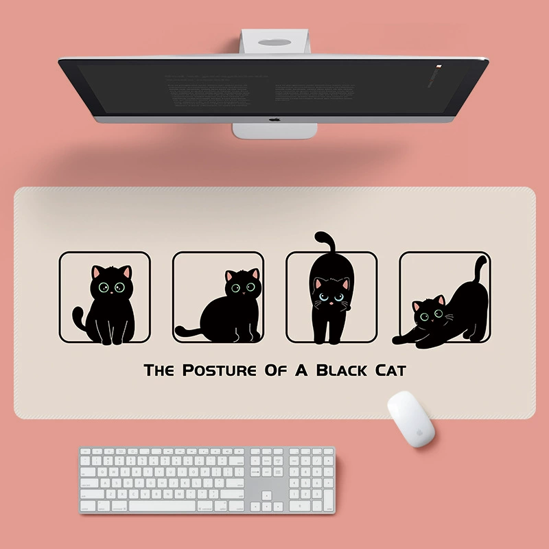 Big cartoon mouse, black keyboard, table table mat, cat