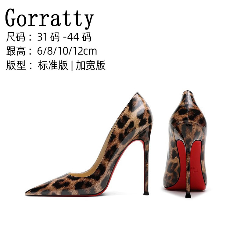 2025 Red-Soled High-Heeled Shoes for Women, Stiletto Heels, French-Style Sexy Leopard Print Internet Celebrity Shoes, 12cm Large Size Widened Red-Soled Stiletto Heels