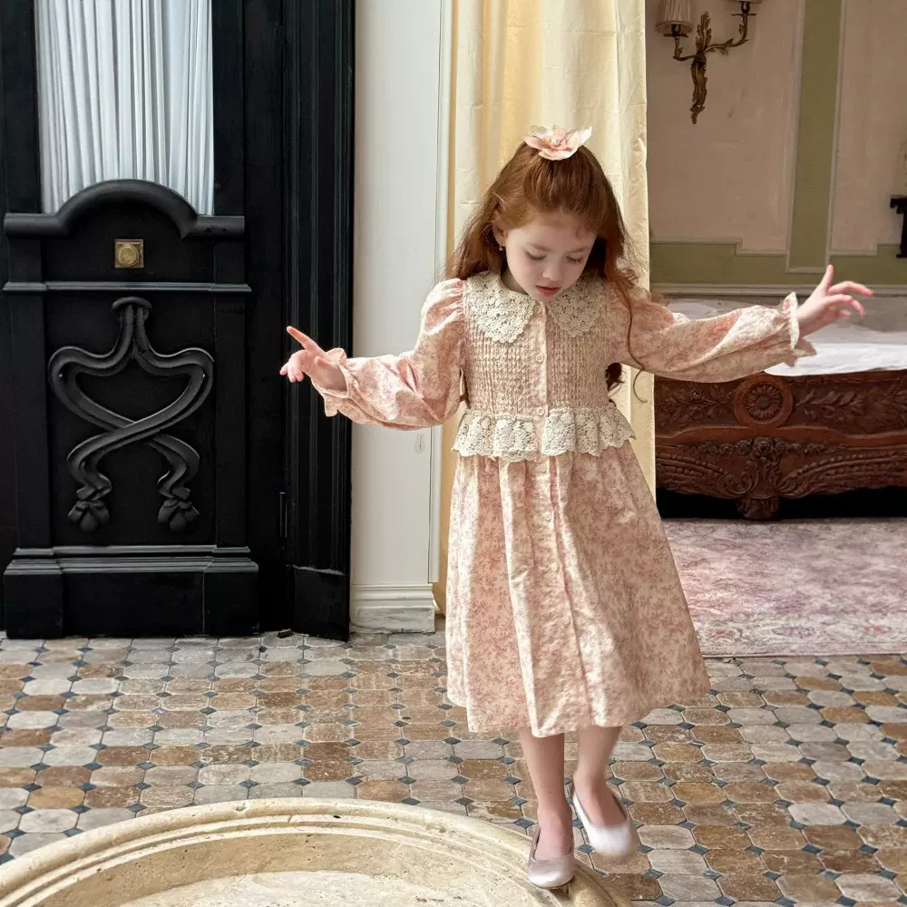 橙乐2025秋冬女童碎花磨毛翻领公主裙 女童复古打揽长袖连衣裙