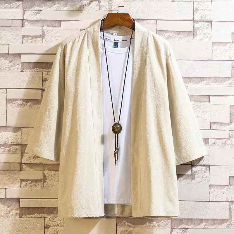 Summer Chinese Style Men's Linen Hanfu Cropped Sleeve Cardigan Robe Men's Japanese Style plus size Kimono Cape Coat Summer Chinese Style Men's Linen Hanfu Cropped Sleeve Cardigan Robe Men's Japanese Style plus size Kimono Cape Coat