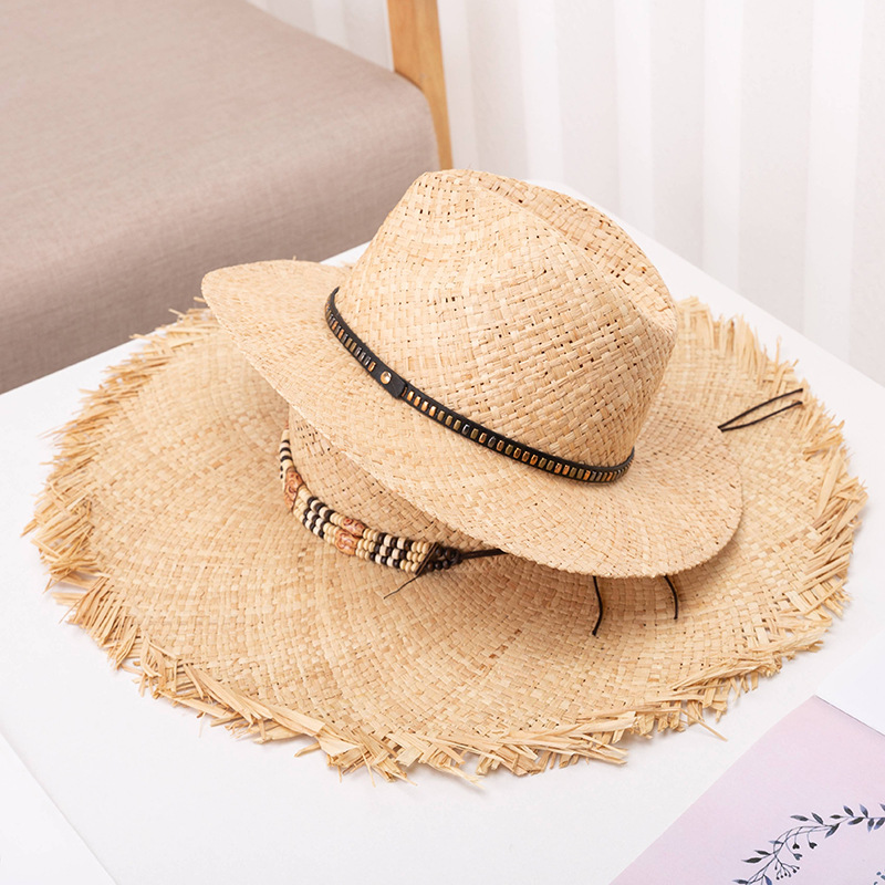 2023夏季新品戶外遮陽帽防曬拉菲草帽遮陽盆帽女士寬沿檐草帽