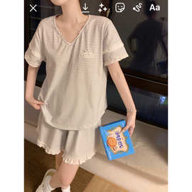 跨境专供女士夏季睡衣可爱女孩条纹木耳花边短袖短裤家居服套装女
