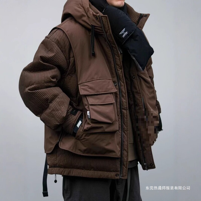 2025 Winter Outdoor Spliced ​​Workwear Hooded down Jacket Men's Trendy Brand Loose Large Size Couple White Duck down Jacket