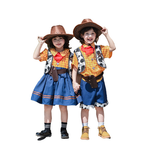 Children's Day June 1st Clothing for Girls and Boys: Denim Cartoon Woody Toy Story Dress and Shorts Set