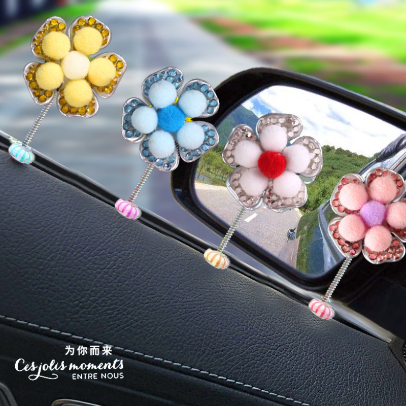 2025 adornos creativos para automóviles sacudiendo la cabeza, flores de perlas, conchas, flores, diamantes, decoraciones de automóviles para niñas lindas
