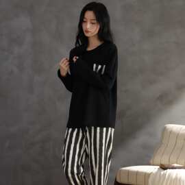 春秋新款纯棉女长袖长裤套头睡衣时尚休闲女家居服图片色圆领短袖