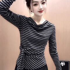 大码设计感绑带长袖T恤女秋季新款时尚圆领洋气减龄休闲显瘦上衣