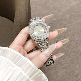 新款银色镶钻女表罗马刻度精致手链式设计石英机芯女士腕表厂家