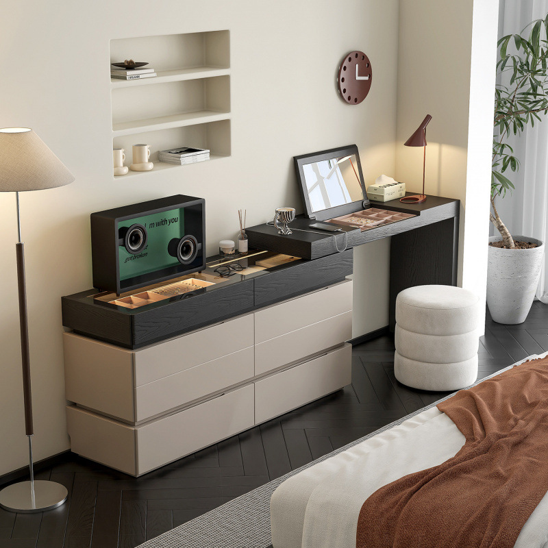 Italian Minimalist Dressing Table Small Apartment Dressing Table Cupboard Integrated Cabinet Retractable Solid Wood Bedside Cabinet Storage Cabinet