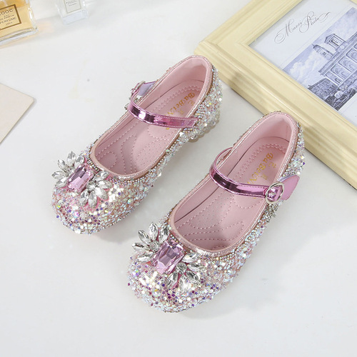Girls leather shoes high heels  new autumn sequined fashion little girl crystal princess shoes factory direct sale