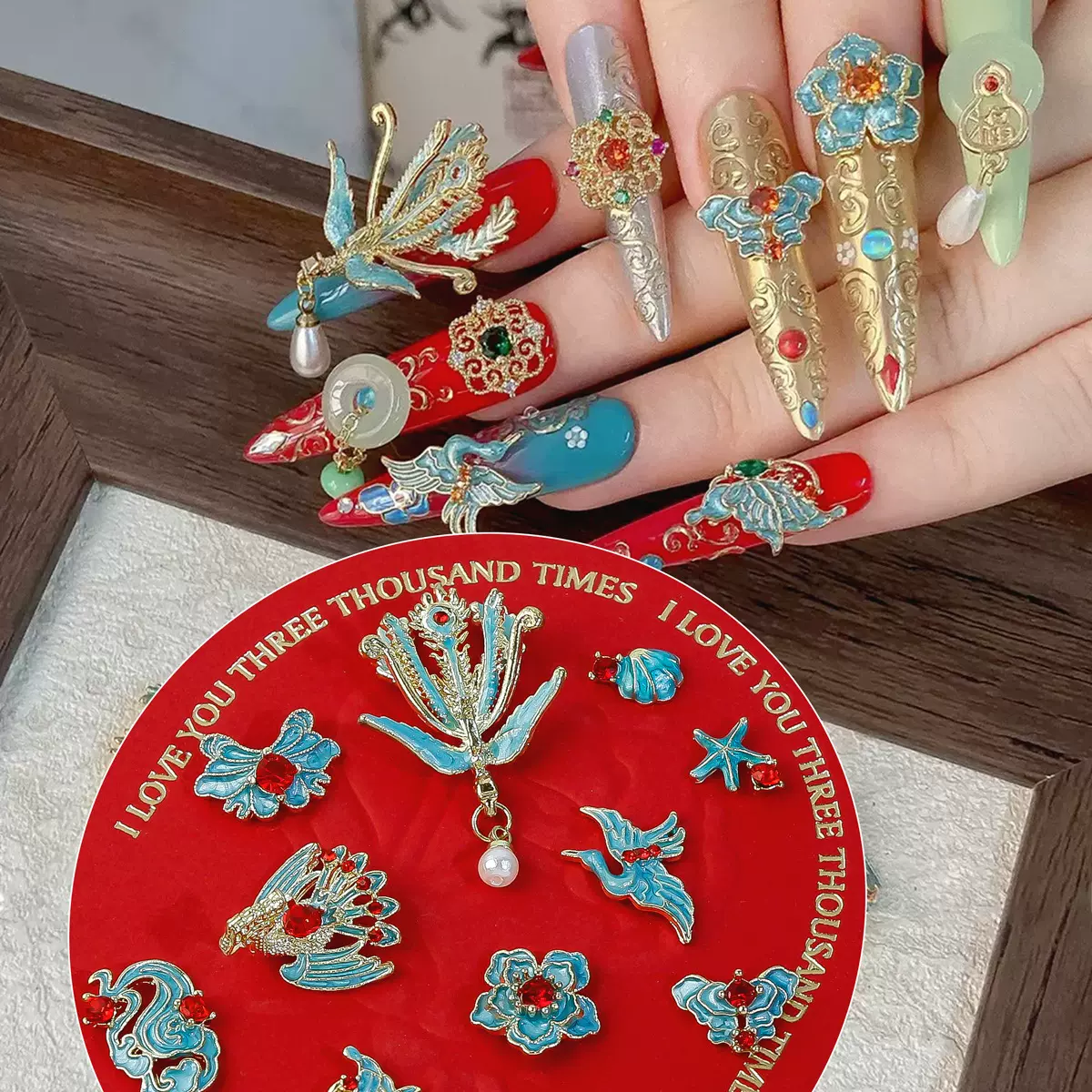 新中式国风美甲饰品凤冠霞帔秀禾服古典婚甲凤凰镶锆石穿戴甲配饰