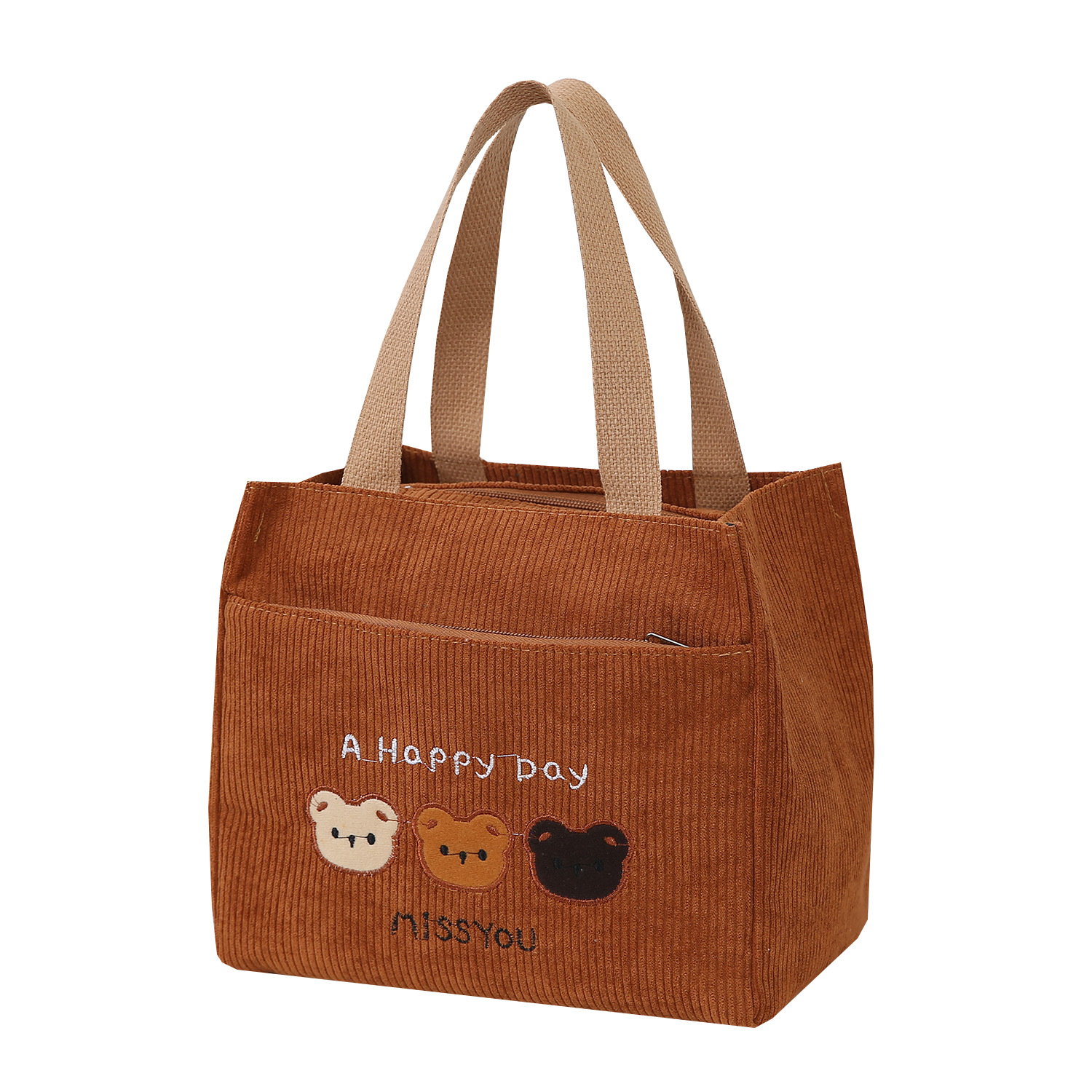 코듀로이 자수 곰 휴대용 화장품 가방 새로운 여성 학생 한국 스타일 핸드백 외출 여성용 대형 보관 가방