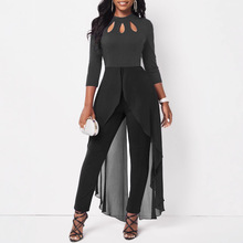 欧美女装连体裤时尚休闲纯色镂空七分袖雪纺紧身小脚裤女士连衣裤