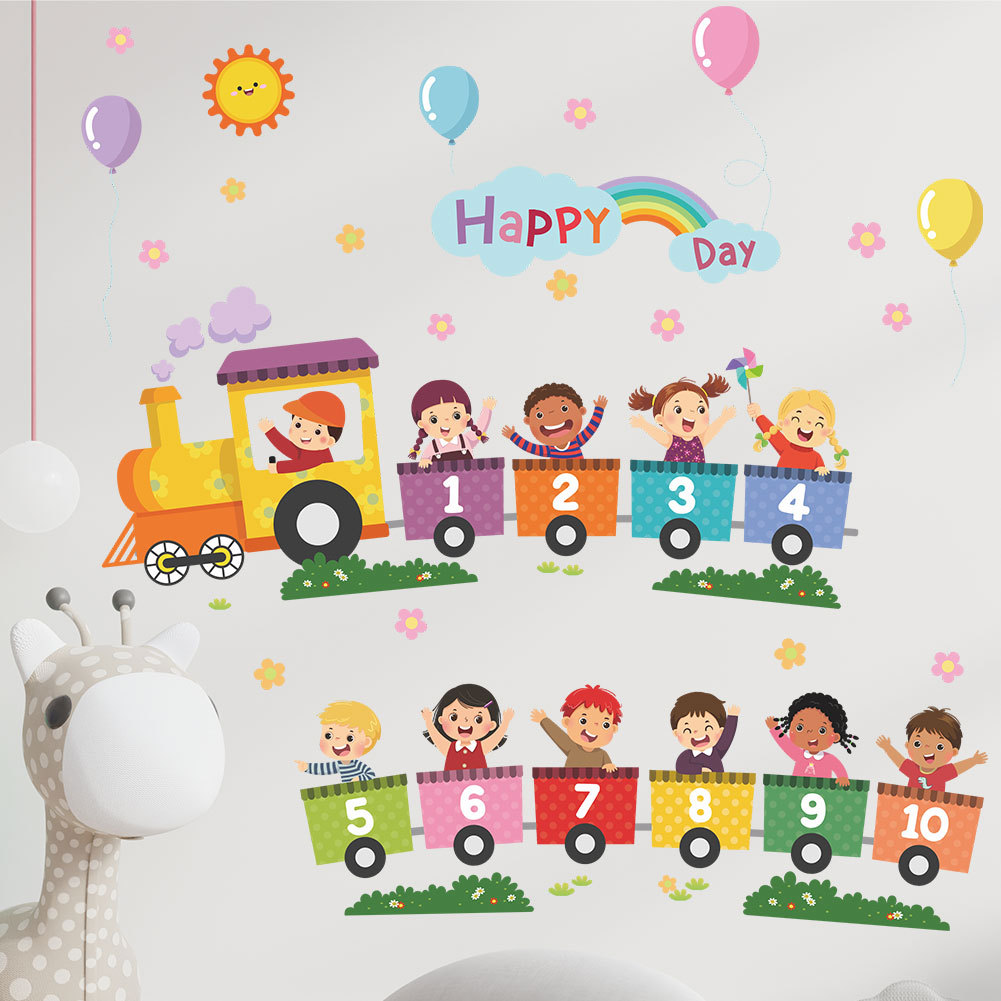 Cartoon train wall stickers children's room bedroom decoration kindergarten early education layout stickers removable wallpaper self-adhesive