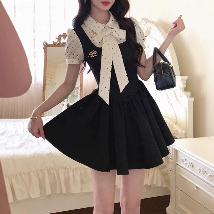 2025 New Summer Dress Spliced ​​Polka Dot College Style French Skirt Fake Two-Piece Dress