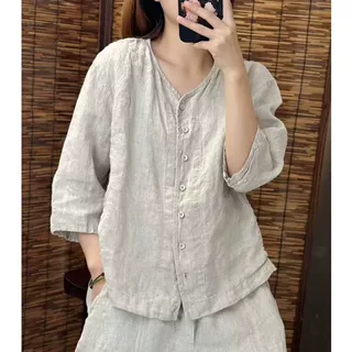 【定制】复古棉衬衫女夏季新款纯色V领中袖宽松百搭显瘦上衣女