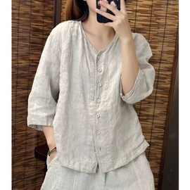 【定制】复古棉衬衫女夏季新款纯色V领中袖宽松百搭显瘦上衣女