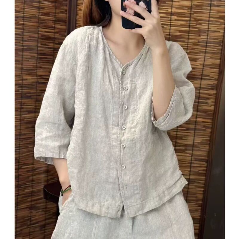[Customized] Retro Cotton Shirt for Women, New Summer Style, Solid Color V-Neck, Mid-Sleeve, Loose, Versatile, Slimming Top for Women