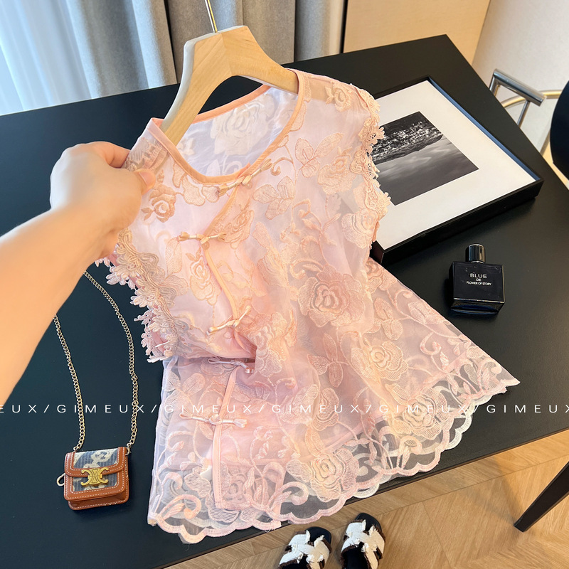 Pink Age-Reducing Chinese Style Lace Embroidered Waistcoat Shirt for Women 2025 New Summer High-End Tulle Outer Top