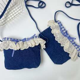 新款ins可爱牛仔蕾丝蝴蝶结双层水洗儿童包包斜跨单肩百搭时尚