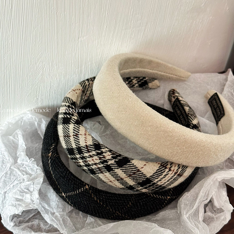 classic black and gray plaid headband autumn and winter fabric sponge headband high skull top temperament wild hair accessories female 2024 new