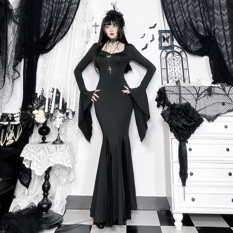 Cf25165 Dark Style Addams Family Spider Web Lace Mermaid Dress 2026 New Gothic Style Long Dress for Women