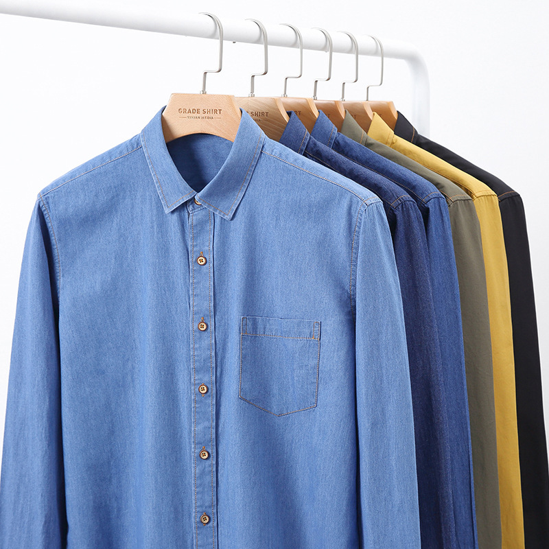 New Cotton Denim Long-Sleeved Men's Shirt Casual and Comfortable Solid Color Trendy Workwear Youth Shirt Jacket for Men