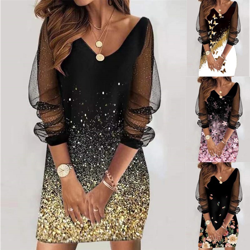 2022 spring new cross-border Women's ebay Amazon wish independent station sequin perspective mesh women's dress