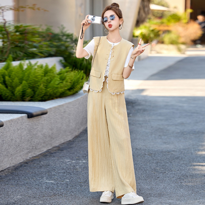 Xiaoxiang Style suit Women's 2025 Summer New Old Money Style Lace Linen Suit Vest Wide Leg Pants Wear a Complete Set